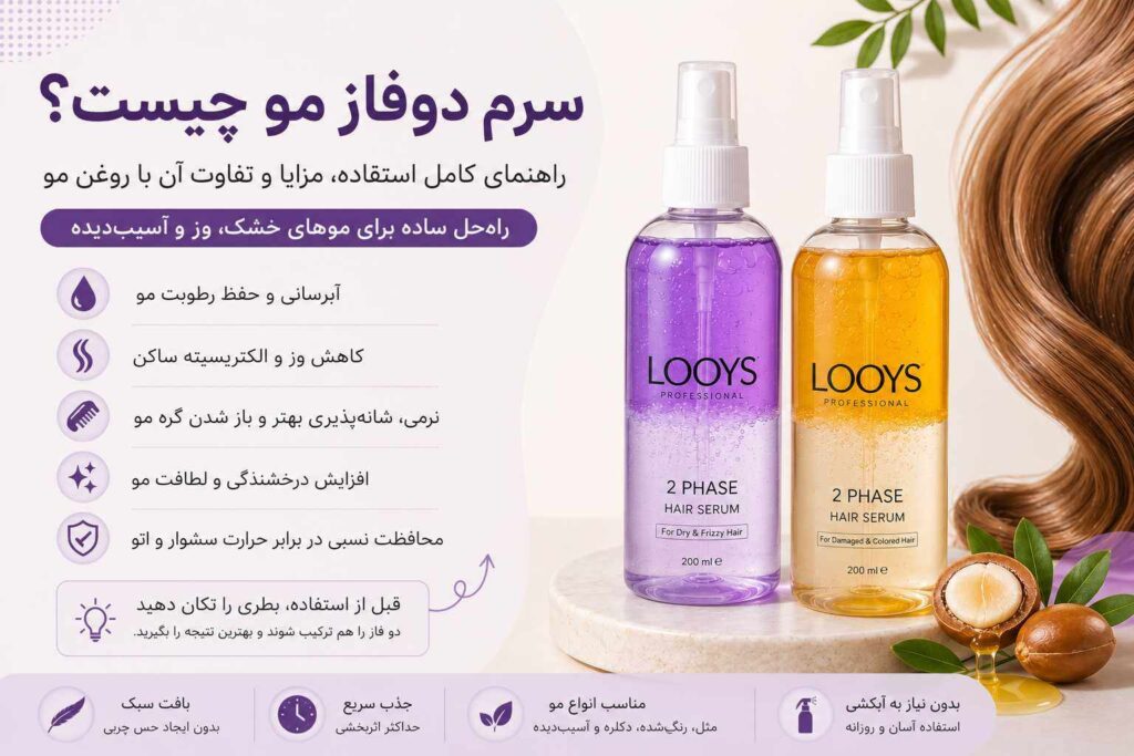 سرم دوفاز مو چیست؟ مزایا، روش استفاده و تفاوت با روغن مو 2 سرم دوفاز مو LOOYS راهنمای کامل استفاده و مزایای آن